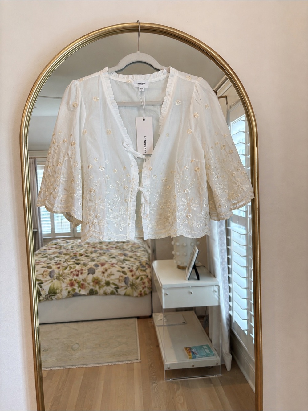 Anthropologie White Embroidered Tie-Front Blouse